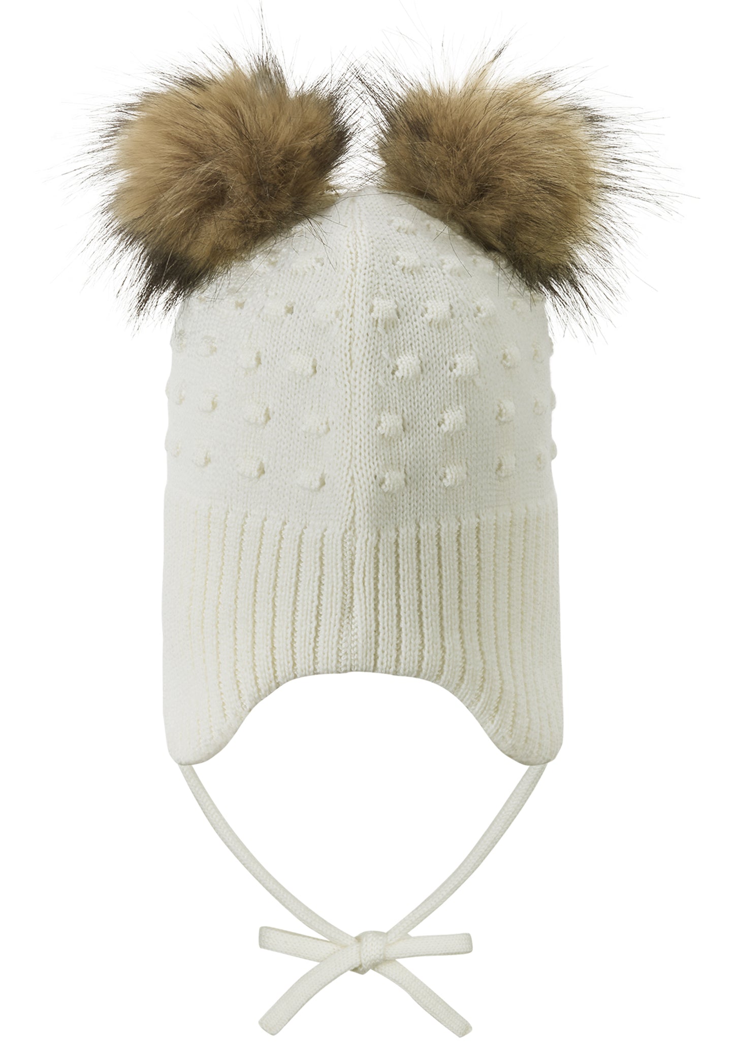 Reima Mütze mit Bändel <br>Myyry <br>Gr. 46 bis 54 <br>innen hautfreundliches Fleece<br> aussen warme, wasserabweisende Merino-Wolle<br> Windstopper-Membrane im Ohrbereich<br> zwei süsse Kunstfell-Pompoms