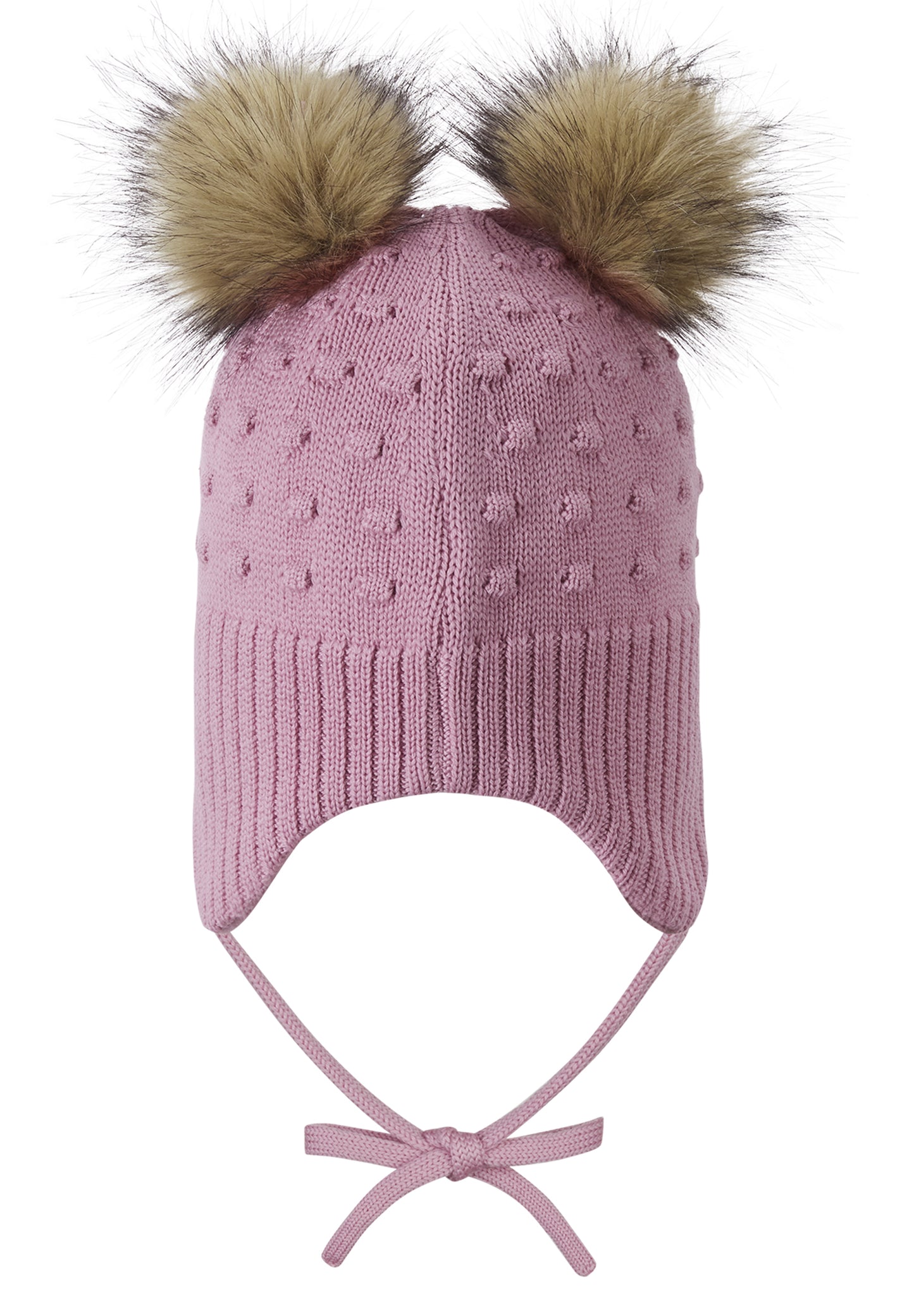 Reima Mütze mit Bändel <br>Myyry <br>Gr. 46 bis 54 <br>innen hautfreundliches Fleece<br> aussen warme, wasserabweisende Merino-Wolle<br> Windstopper-Membrane im Ohrbereich<br> zwei süsse Kunstfell-Pompoms
