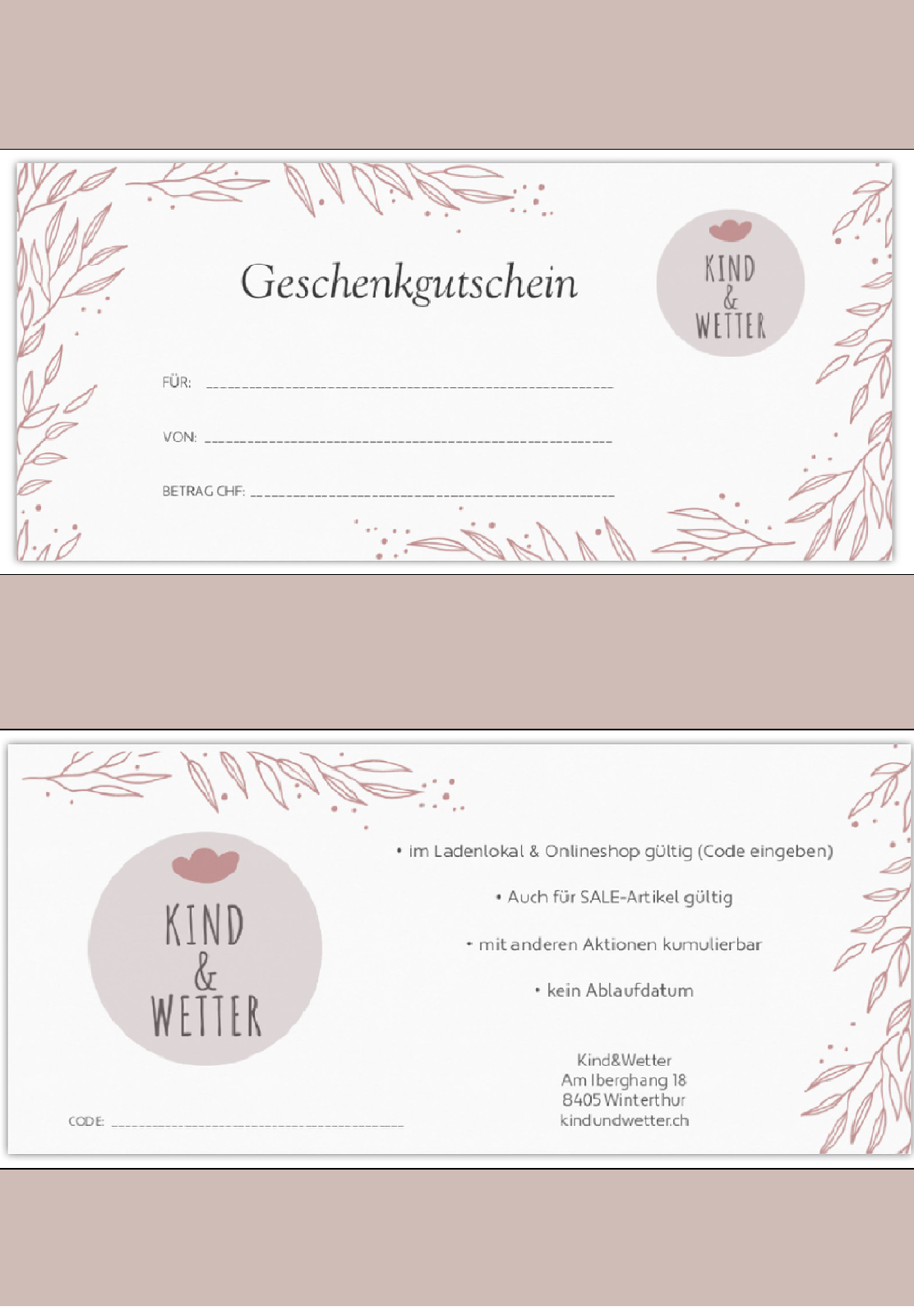 Geschenk-Gutscheine von Kind&Wetter verschenken<br> online oder im Ladengeschäft Winterthur einlösbar<br> Beträge selbst wählbar von Fr. 10, 20, 50, 100