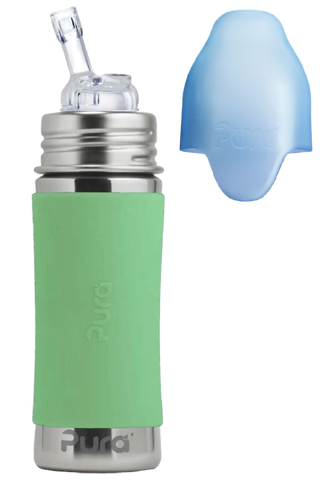 Pura Trinkflasche<br> OHNE Isolierung 325ml <br>hochwertiger Edelstahl, plastikfrei<br> mitwachsend dank wechselbaren Trinkaufsätzen <br>Geschirrspüler-geeignet