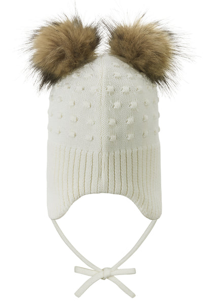 REIMA Mütze mit Bändel <br>Myyry <br>Gr. 46 <br>innen hautfreundliches Fleece<br> aussen warme, wasserabweisende Merino-Wolle<br> Windstopper-Membrane im Ohrbereich<br> zwei süsse Kunstfell-Pompoms