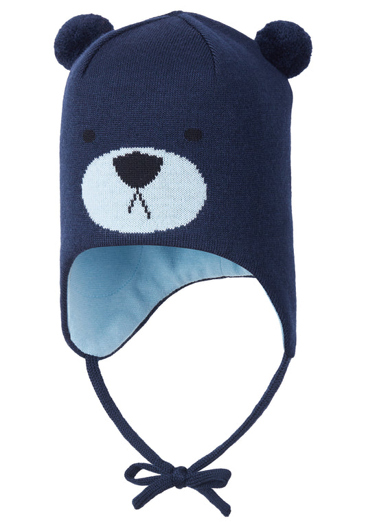 Reima Mütze mit Bändel<br> Saukkonen <br>Gr. 46, 48 <br>innen hautfreundliche Bio-Baumwolle<br> aussen warme, wasserabweisende Merino-Wolle<br>Windstopper-Membrane im Ohrbereich
